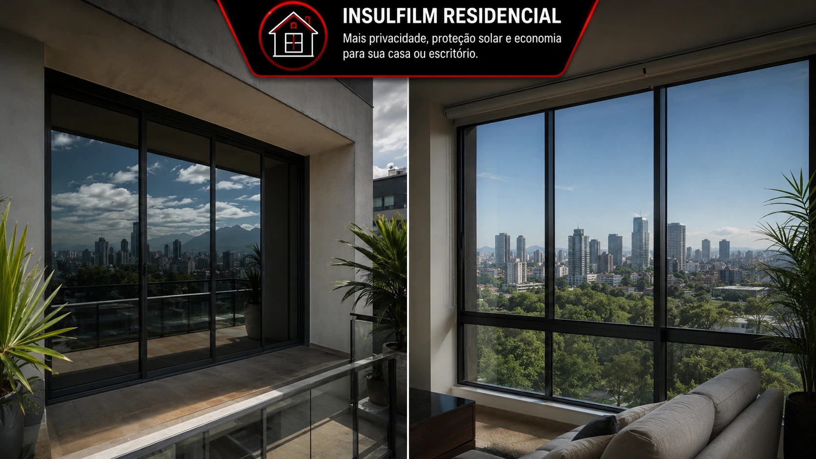 Insulfilm residencial aplicado em janela com vista para a cidade - GP Insulfilm & Acessórios