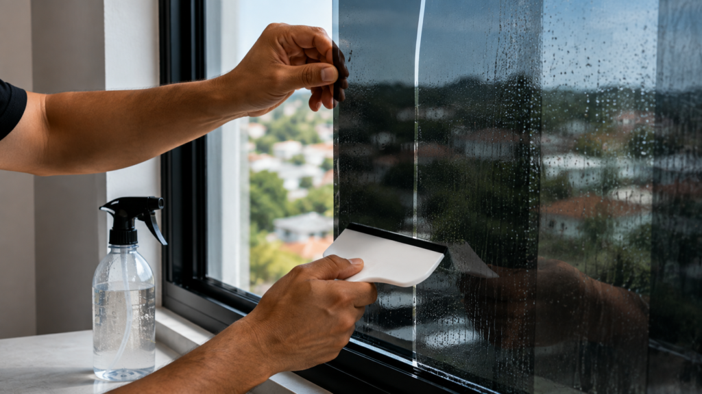 Profissional aplicando insulfilm residencial em janela de vidro, removendo bolhas de ar com rodo durante a instalação