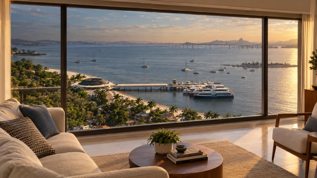 Apartamento com insulfilm residencial e vista para a marina e a Ponte Rio-Niterói em Charitas