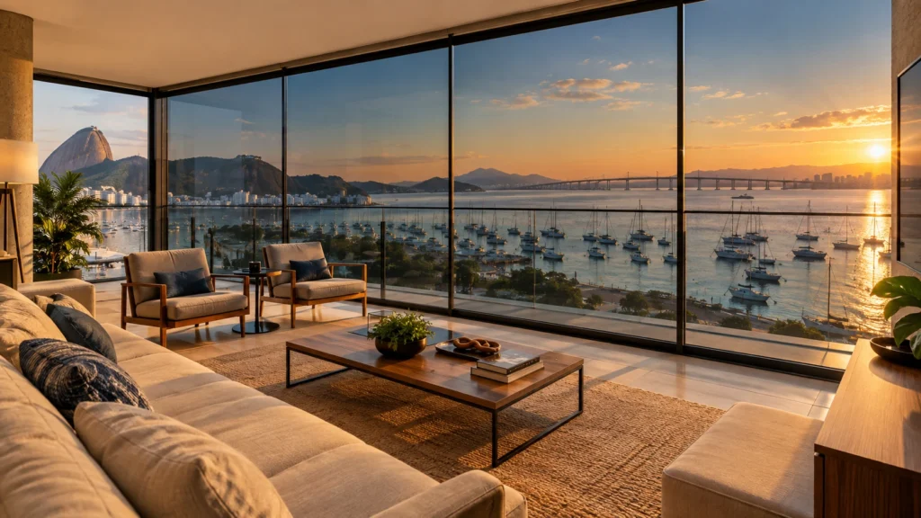 Varanda com insulfilm residencial e vista para a marina de Charitas