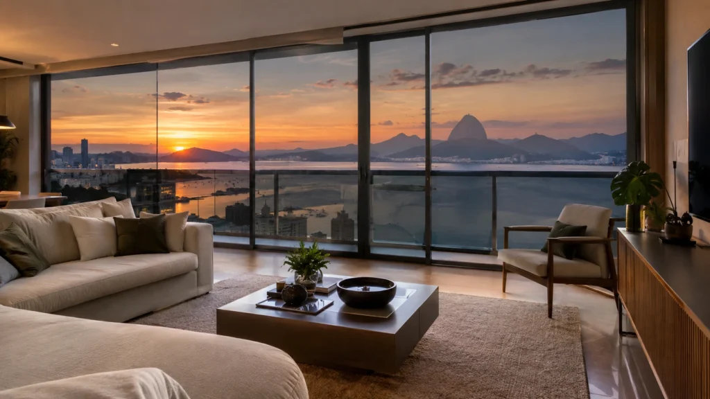 Aplicação de insulfilm residencial em janela com vista para a Baía de Guanabara em Niterói, mostrando sala de estar com película solar instalada