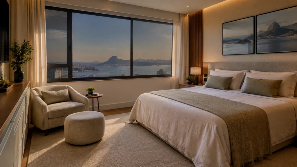 Quarto com janela ampla em apartamento de Niterói, com insulfilm residencial garantindo privacidade e conforto térmico