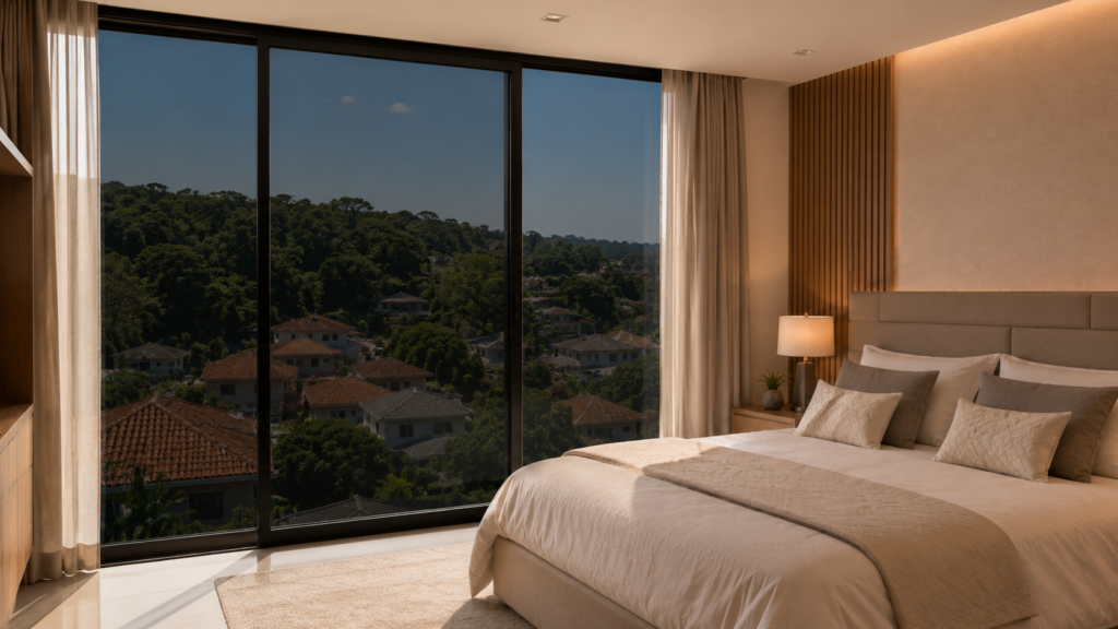 Quarto amplo com janela de vidro aplicada com insulfilm residencial, garantindo privacidade e conforto térmico