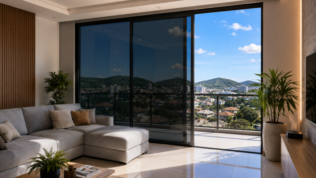 Sala de estar moderna com porta de vidro ampla protegida por insulfilm residencial, com vista para a cidade