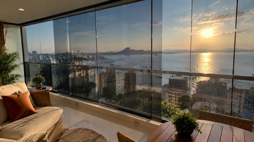 Varanda envidraçada com vista para a Baía de Guanabara em Niterói, com insulfilm residencial aplicado para controle solar