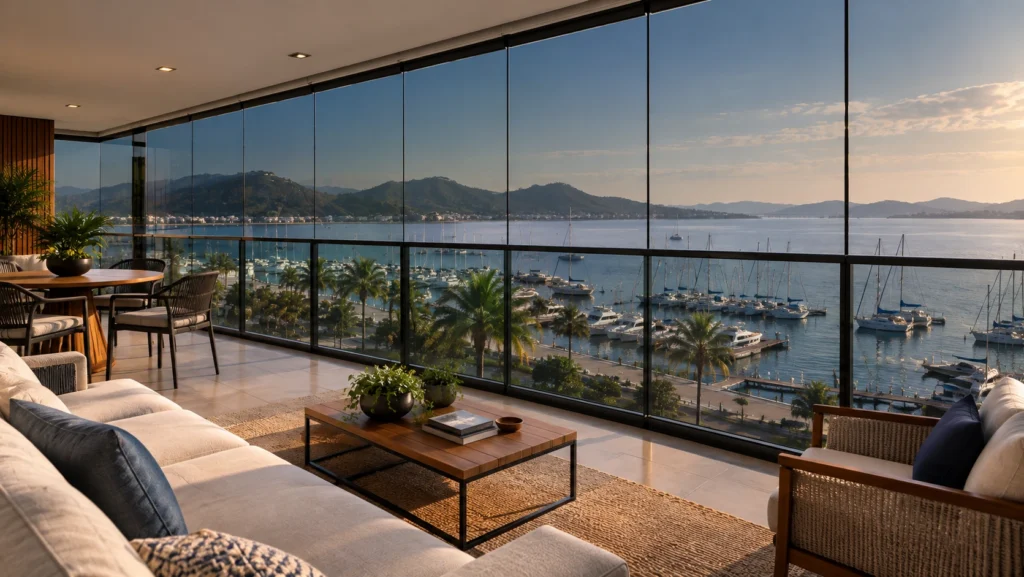 Sala de estar com insulfilm residencial e vista para a Baía de Guanabara em Charitas, Niterói