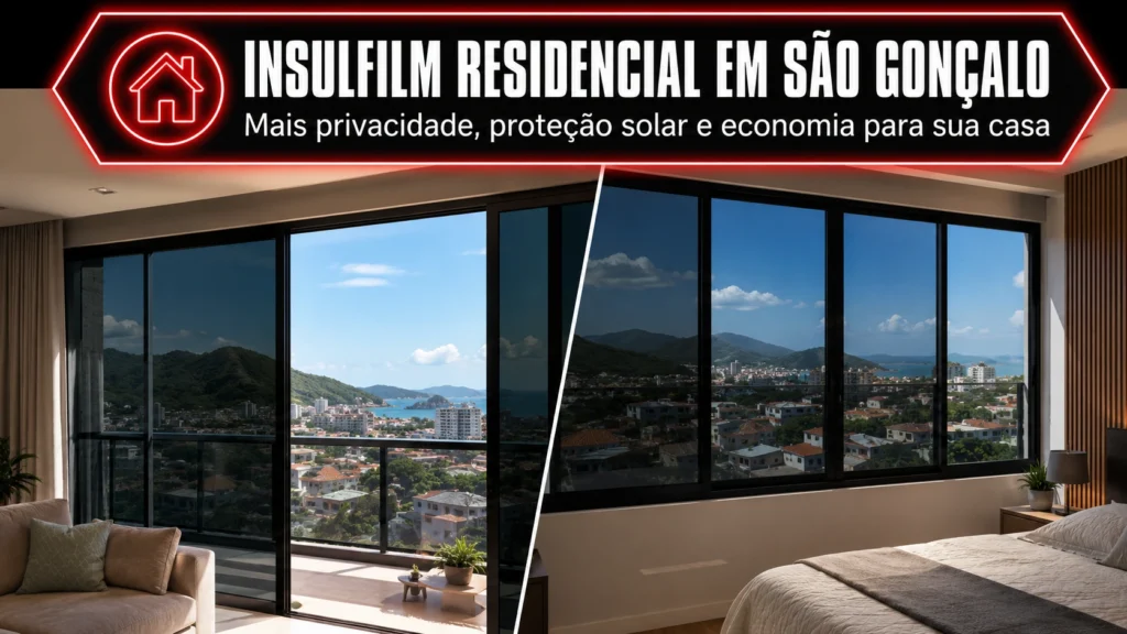 Aplicação de insulfilm residencial em janelas com vista para São Gonçalo, mostrando sala de estar e quarto com película solar instalada